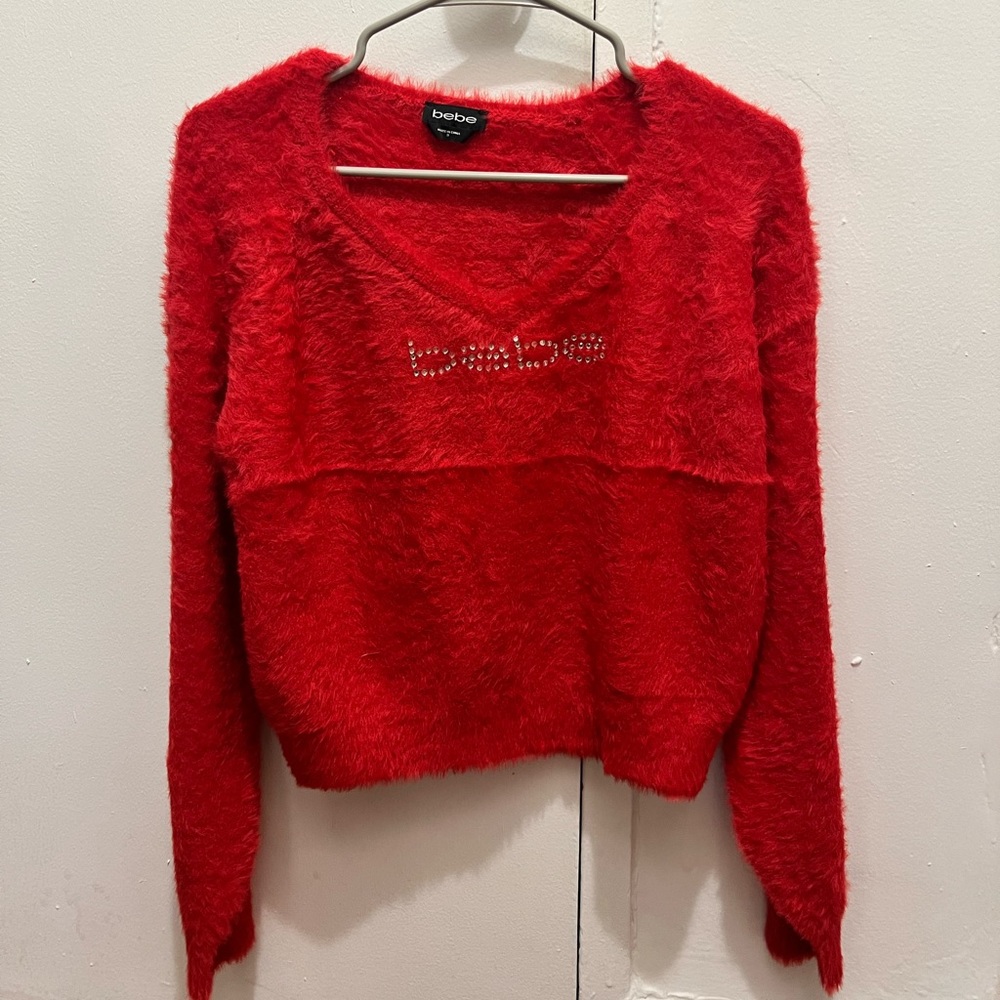 Bebe Fuzzy Red Sweater Women's Size S Rhinestone Logo Nylon Acrylic Blend